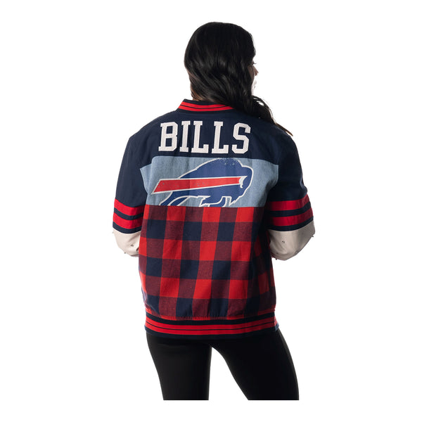 Ladies Wild Collective Buffalo Bills Flannel Denim Snap Jacket In Blue, Red & White - Back View On Model