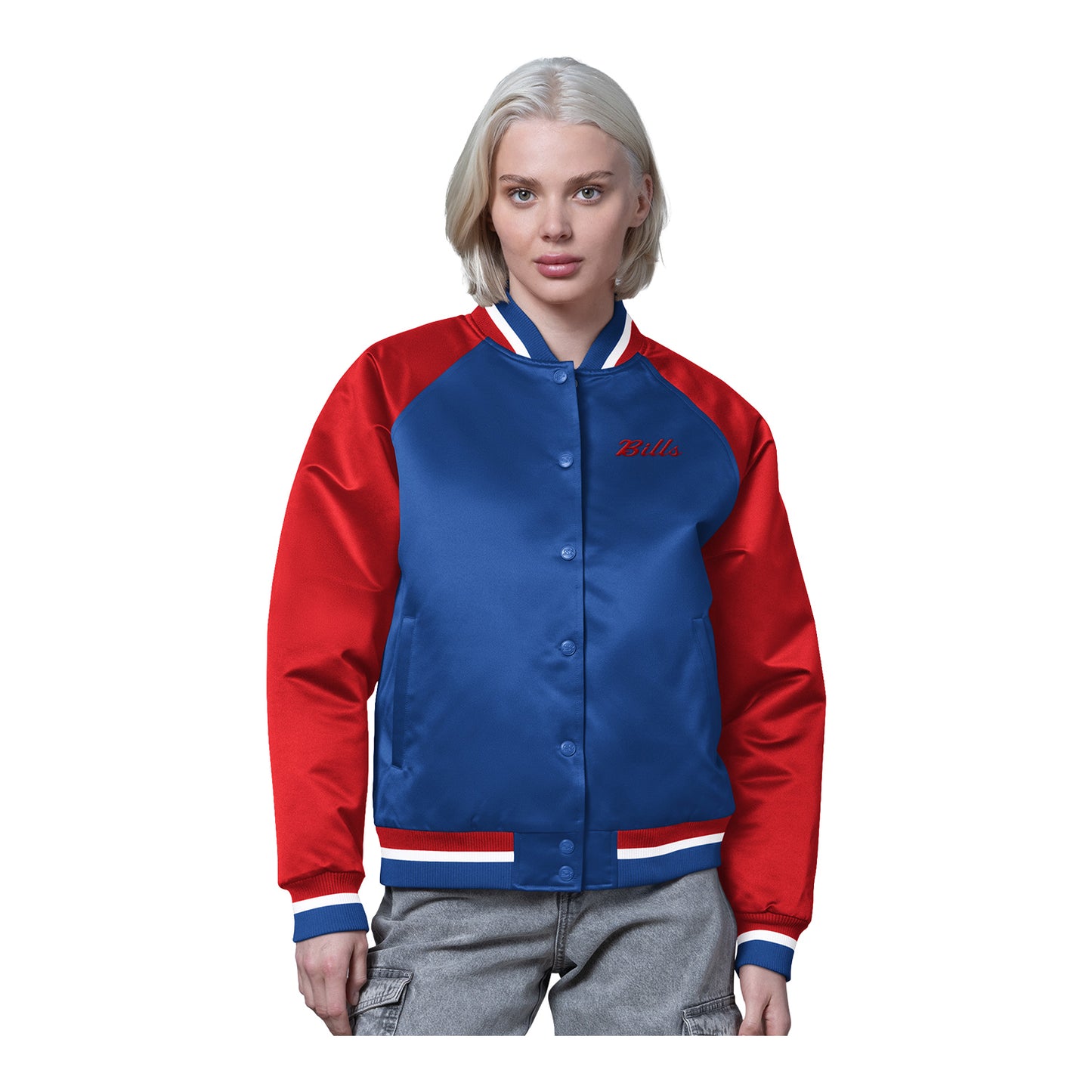 Ladies Buffalo Bills Starter Final Score Varsity Jacket In Blue - Front View