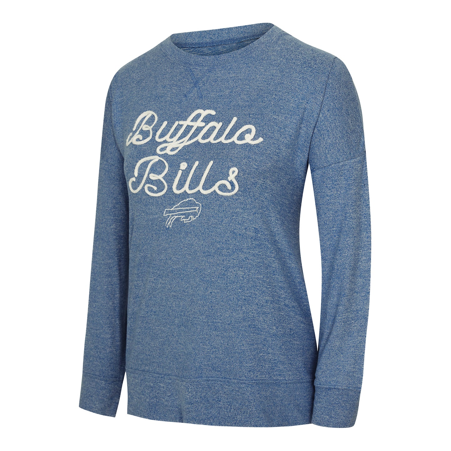 Ladies Buffalo Bills Rigor Script Heathered Crew In Blue - Front View