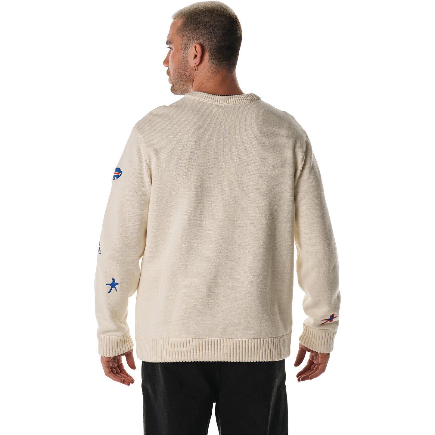 Unisex Bills Jaquard All over Print Script Crew In Cream Male Model - Back View