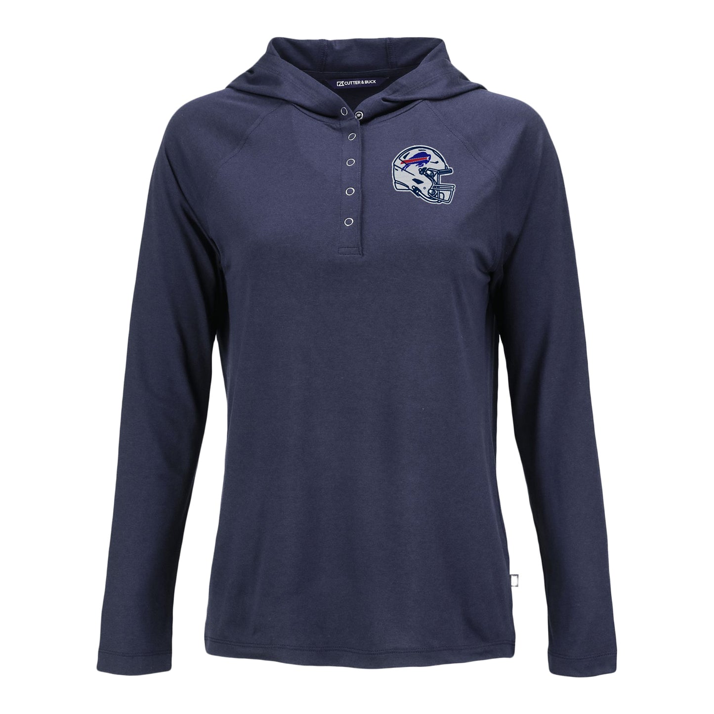 Buffalo Bills NFL Helmet Cutter & Buck Coastline Epic Comfort Eco Recycled Womens Hooded Shirt In Blue - Front View