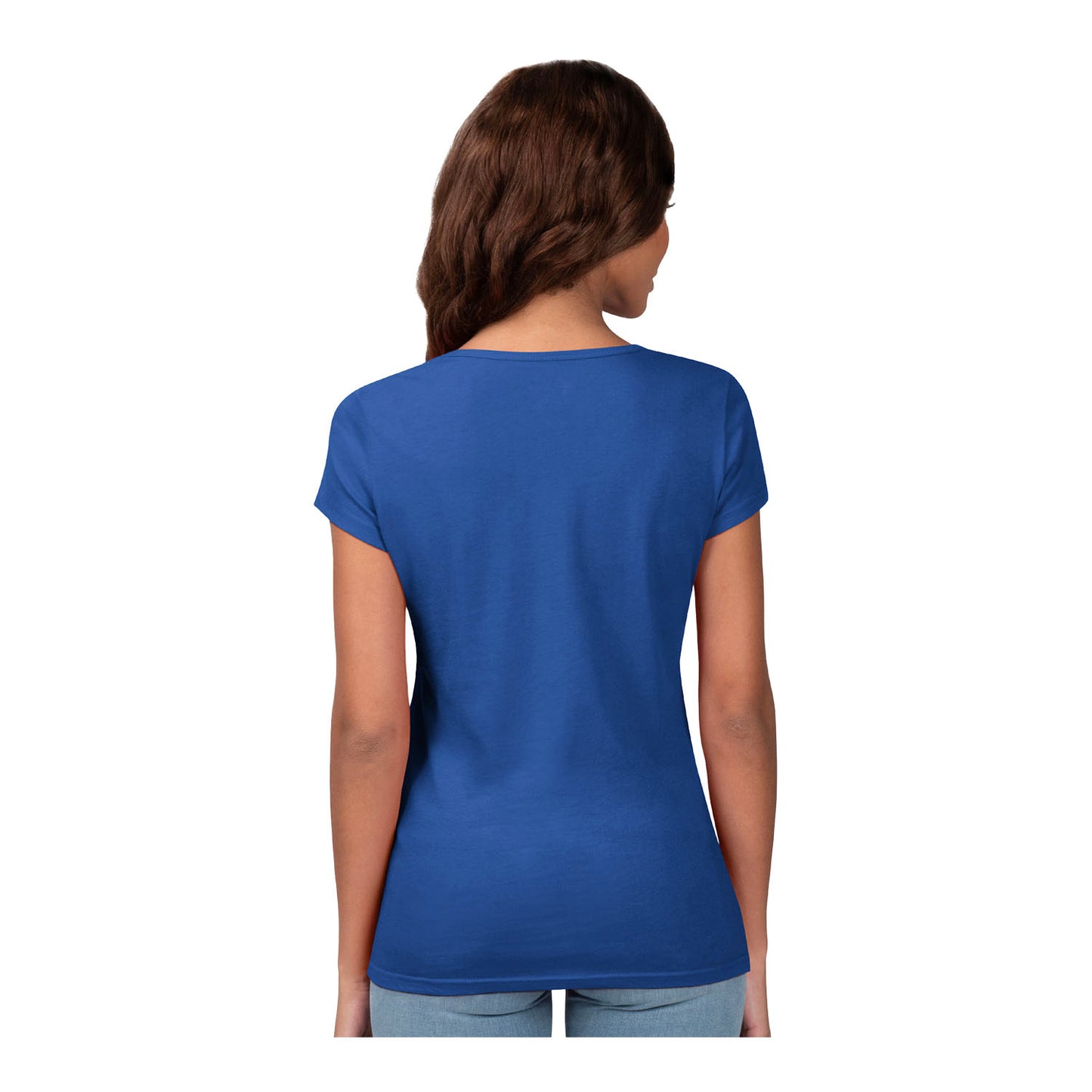 Bills Highmark Stadium Farewell Season Ladies T-Shirt In Blue - Back View On Model