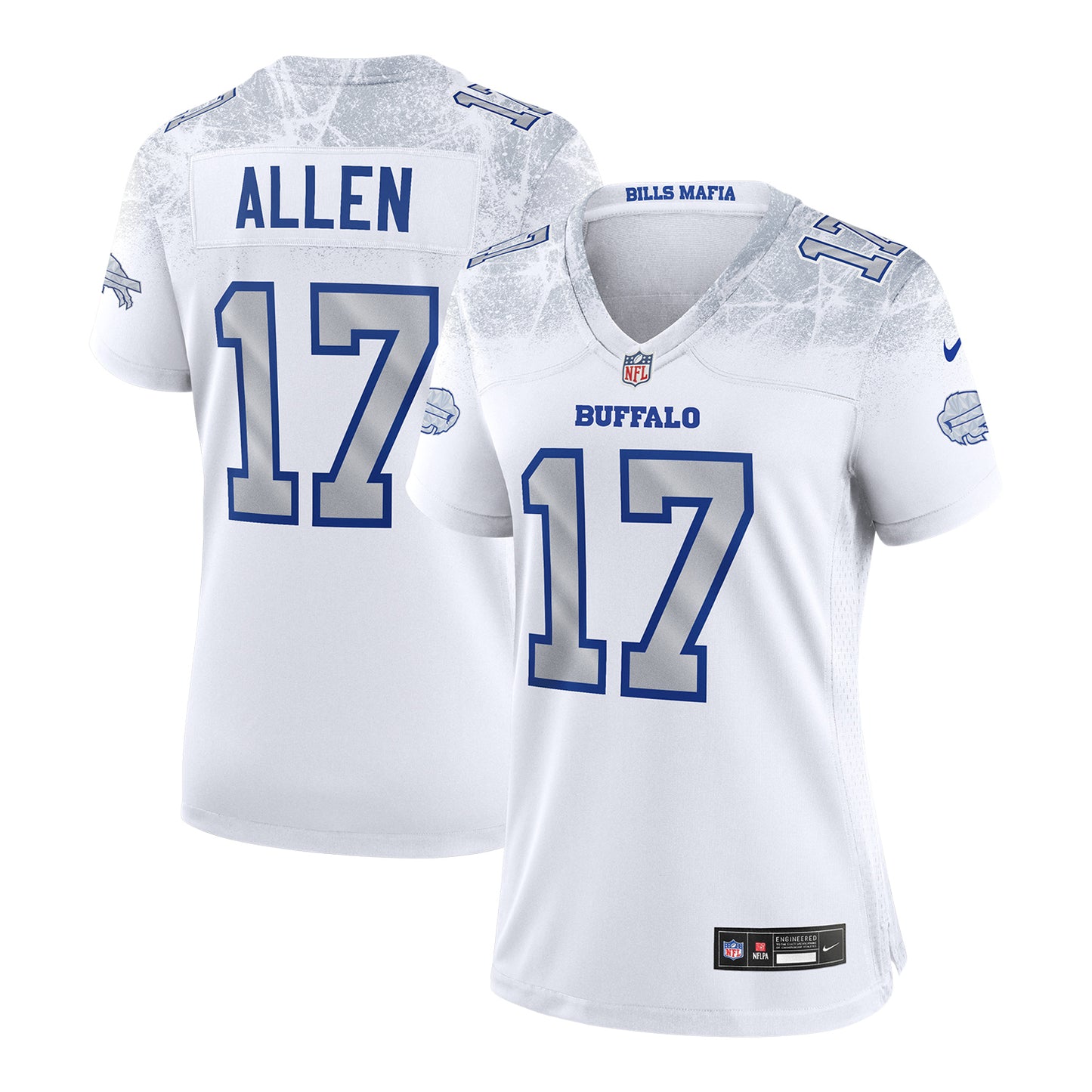 Ladies Josh Allen Buffalo Bills Nike Game Rivalry Series Jersey In White, Silver & Blue - Combined Front & Back View
