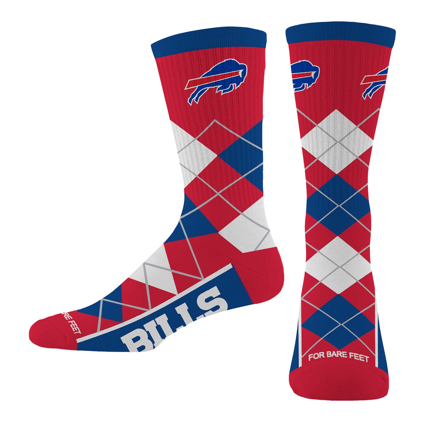 Bills Argyle Fyre Primary Logo Socks In Red, Blue & White - Combined Pair Front & Left Side View