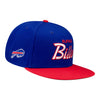 New Era Bills 59FIFTY Royal/Red Script Fitted Hat In Blue - Front Right View