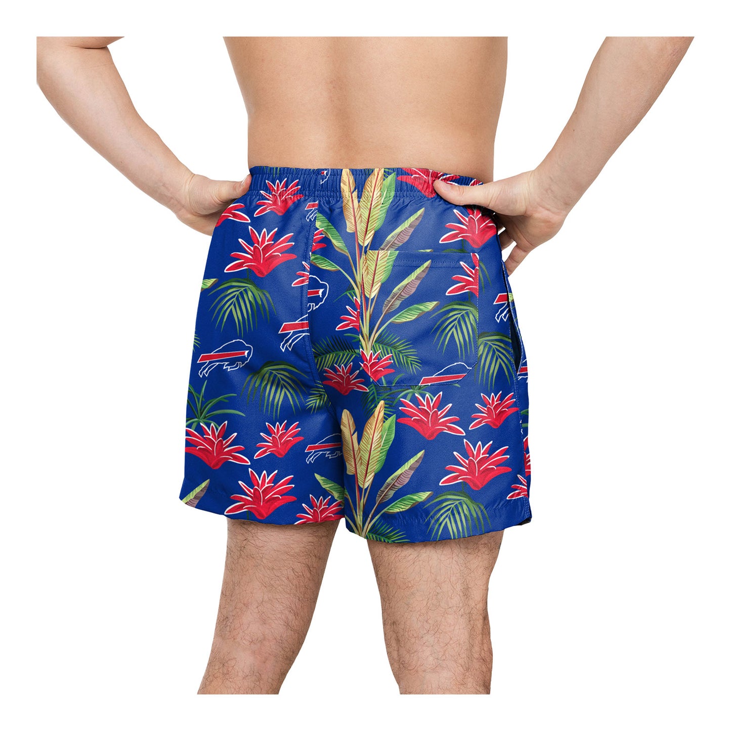 FOCO Buffalo Bills Floral Swim Trunks In Blue, Red & Green - Back View On Model