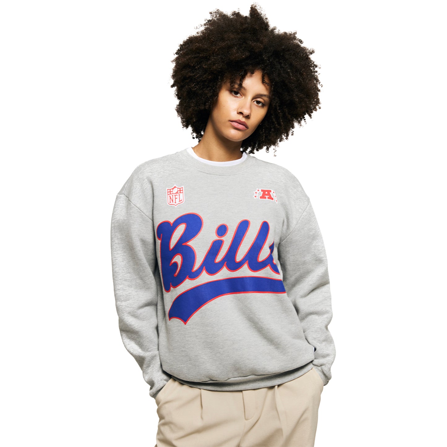 Buffalo Bills GOLF WANG x Bills Throwback Unisex Crewneck Sweatshirt In Grey On Model - Front View