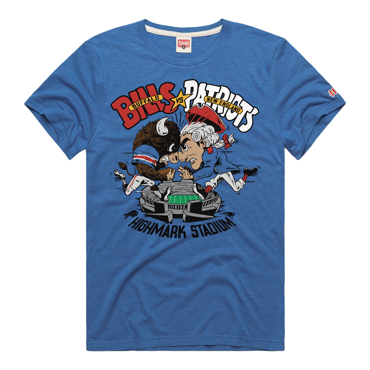 Buffalo Bills vs. New England Patriots Match Up T-Shirt In Blue - Front View