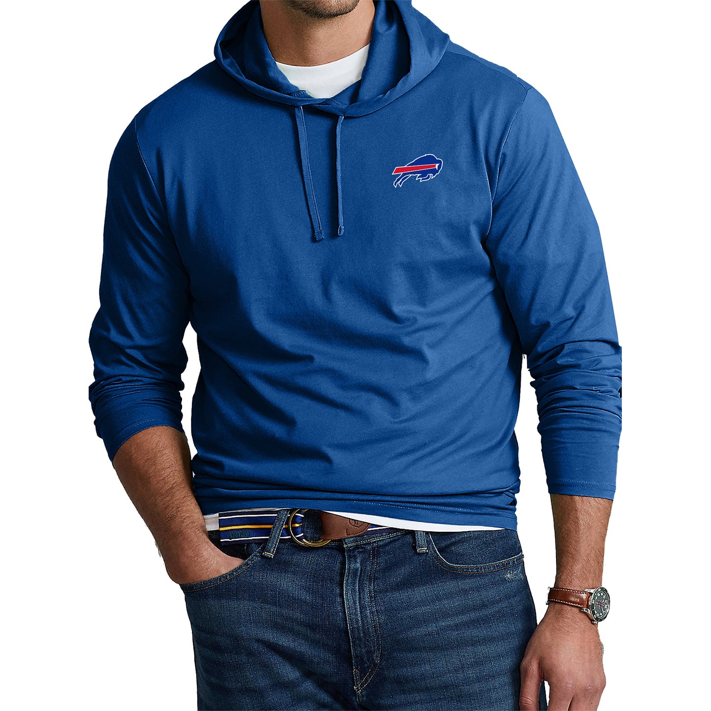Buffalo Bills B&T Long Sleeve Embroidered Logo Hooded T-Shirt In Blue - Front View