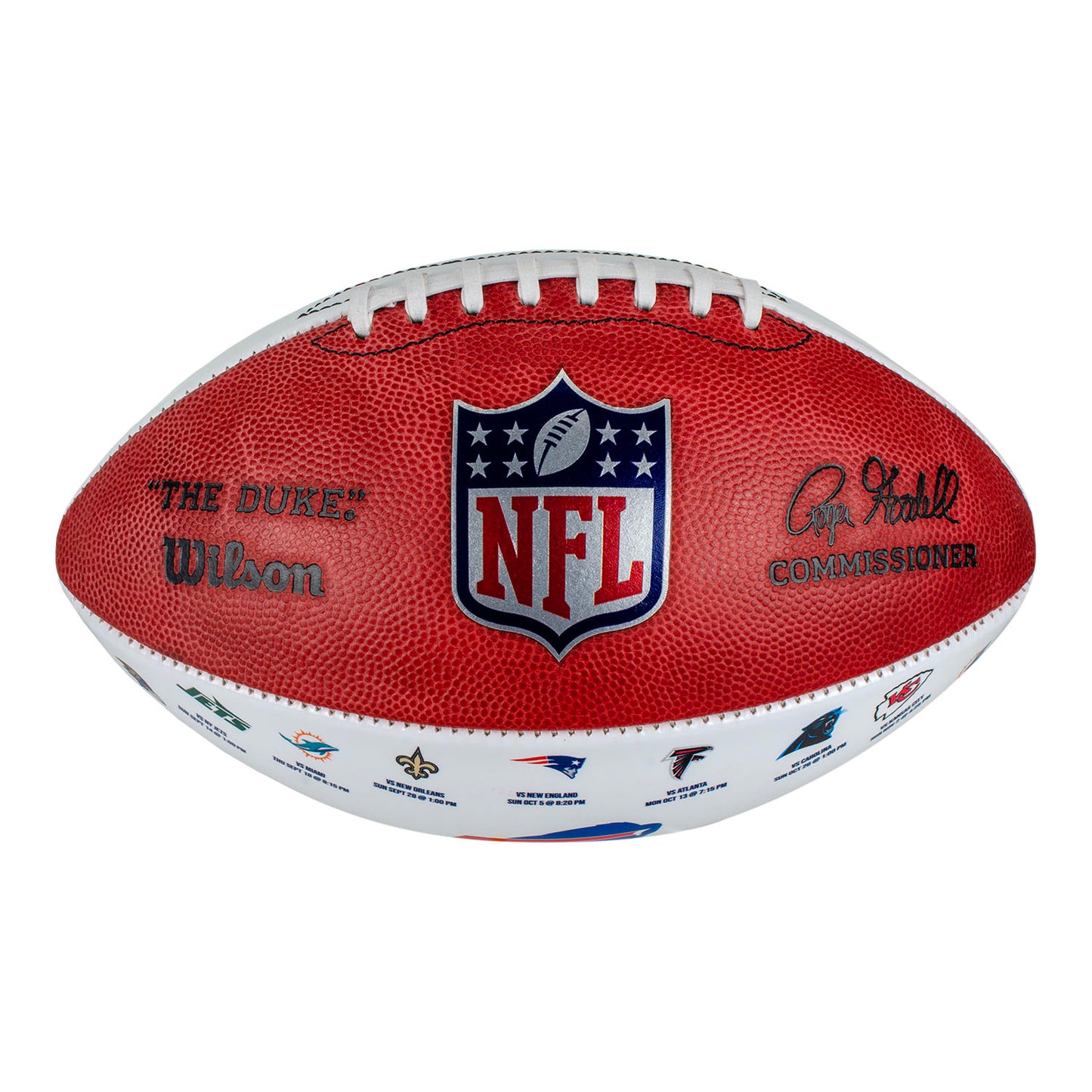 Highmark Stadium Farewell Season Schedule Football In Brown & White - View Showing "The Duke" Wilson Logo, NFL Logo, and Roger Goodell Signature