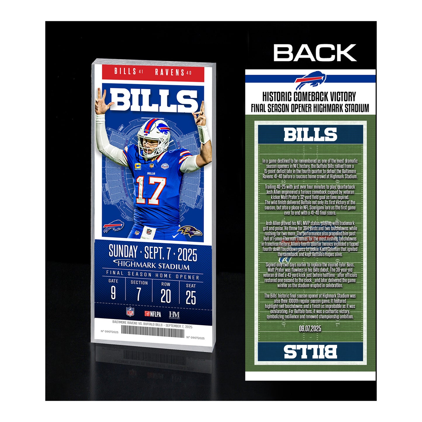 Buffalo Bills 2025 Week 1 Commemorative Acrylic Ticket Block In Blue - Front & Back View