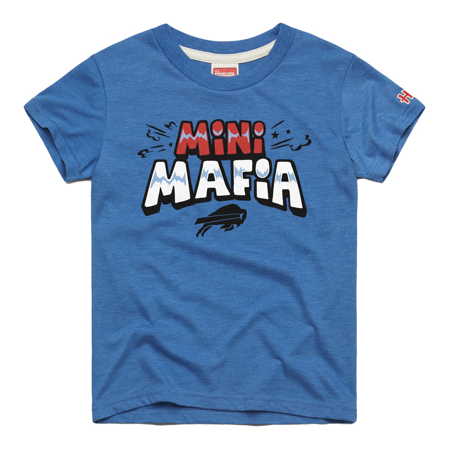 Bills Mini Mafia Homage Youth T-Shirt In Blue - Front View