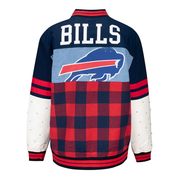 Ladies Wild Collective Buffalo Bills Flannel Denim Snap Jacket In Blue, Red & White - Back View
