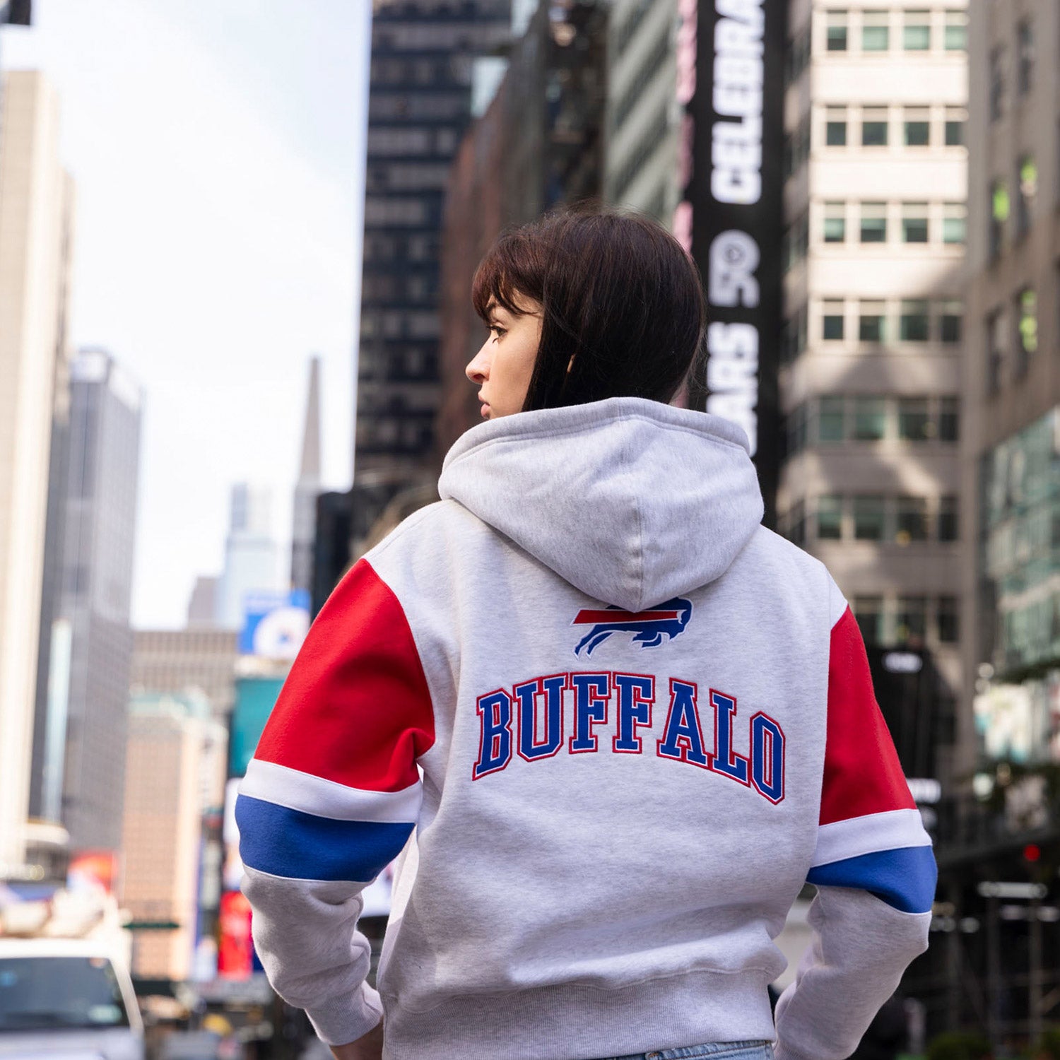 Buffalo Bills Icer Brands Ladies Oversized Crop Sweatshirt In Grey - Back View On Model