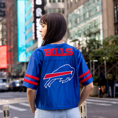 Buffalo Bills Icer Brands Ladies Roman Candle Sequin T-Shirt In Blue - Back View On Model