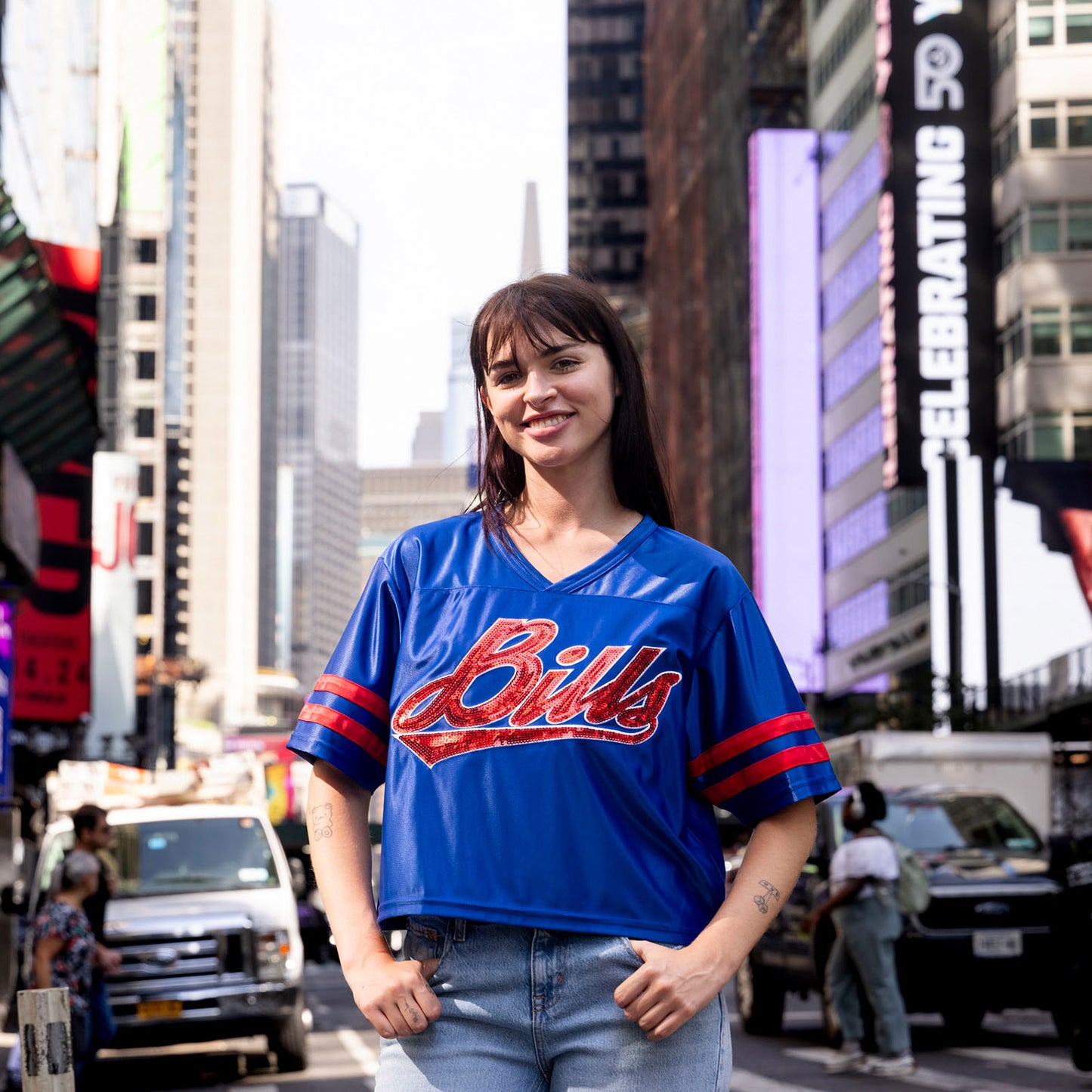 Buffalo Bills Icer Brands Ladies Roman Candle Sequin T-Shirt In Blue - Front View On Model