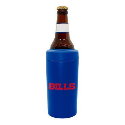 Bills Universal Stainless Steel Can Cooler In Blue - Side View 2 With Bottle Inside