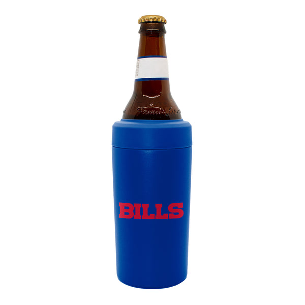 Bills Universal Stainless Steel Can Cooler In Blue - Side View 2 With Bottle Inside