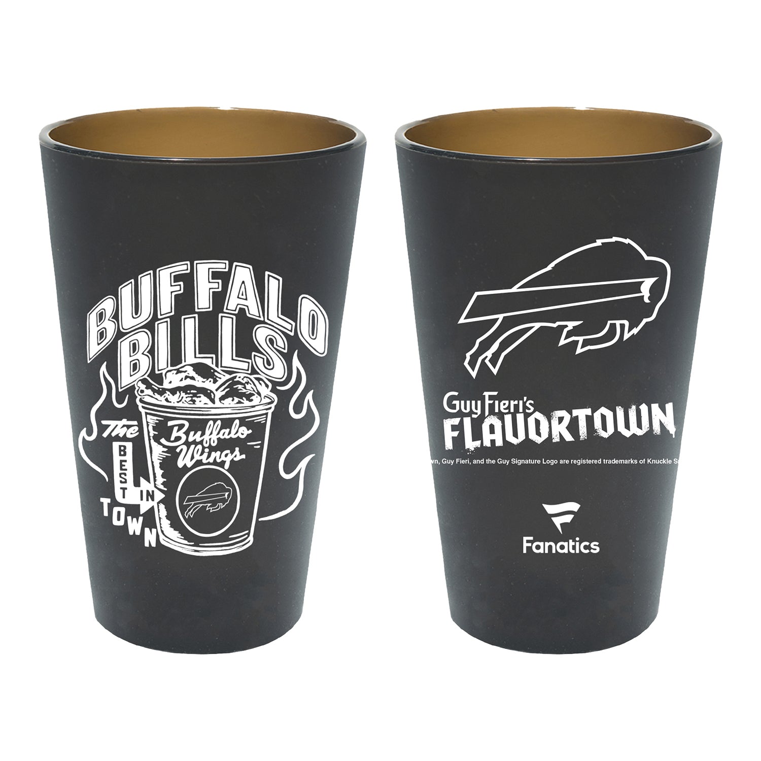 Wincraft x Guy Fieri Buffalo Bills Flavortown 16 oz. Silicone Pint Glass In Black - Front & Back View