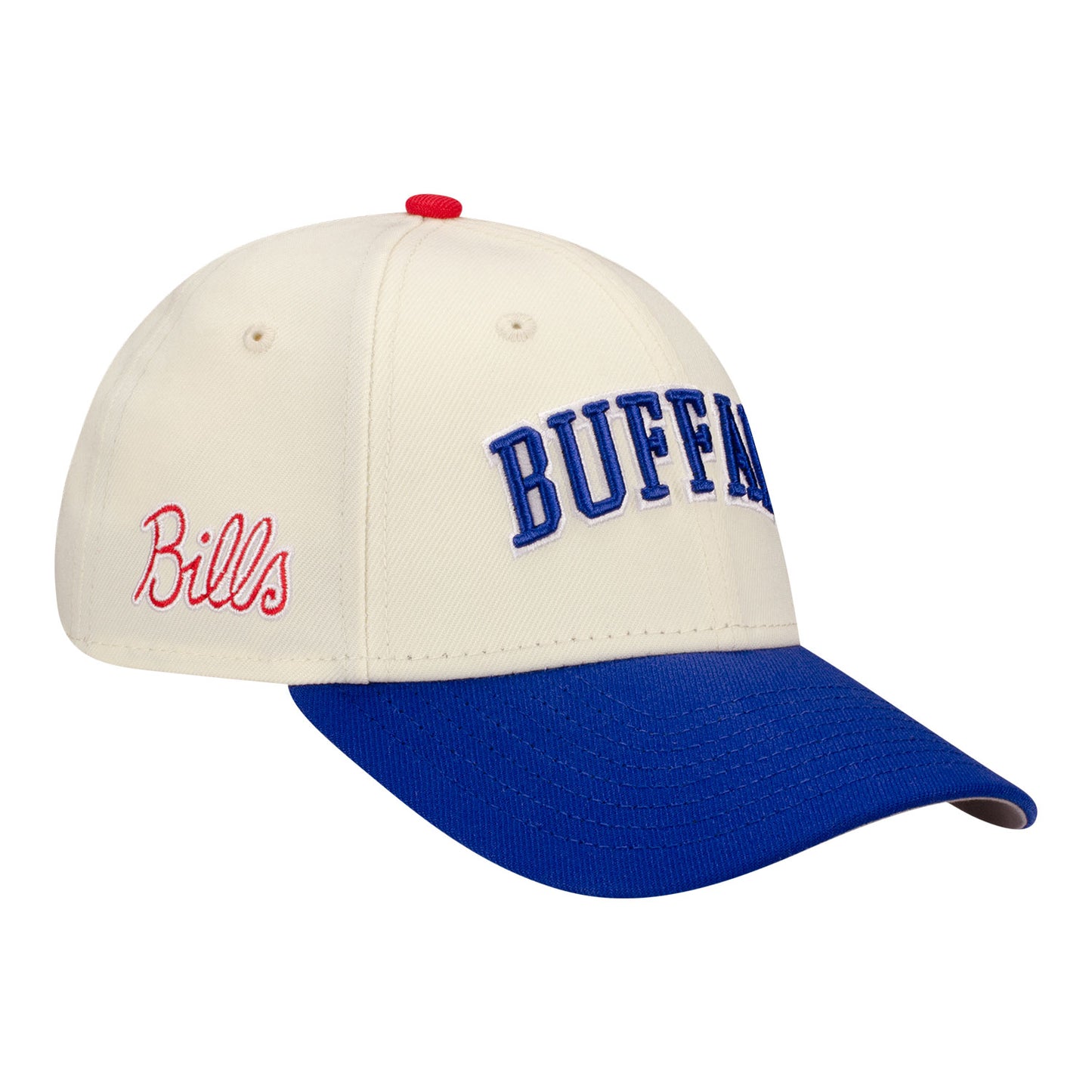 Women's New Era Bills 9FORTY Buffalo Script Adjustable Hat In White - Front Right View