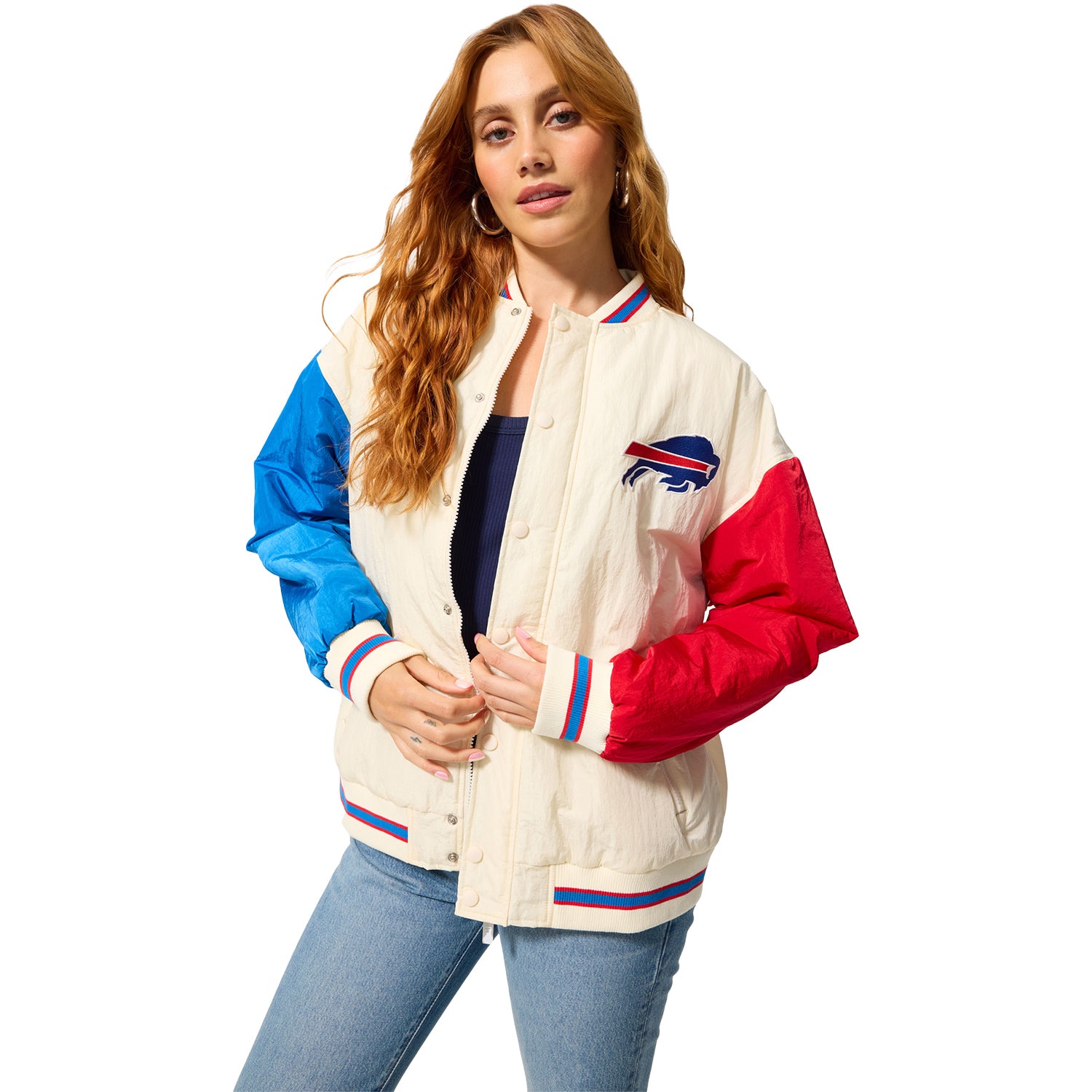 Ladies Buffalo Bills Terez Color Block Bomber Jacket In Cream - Front View
