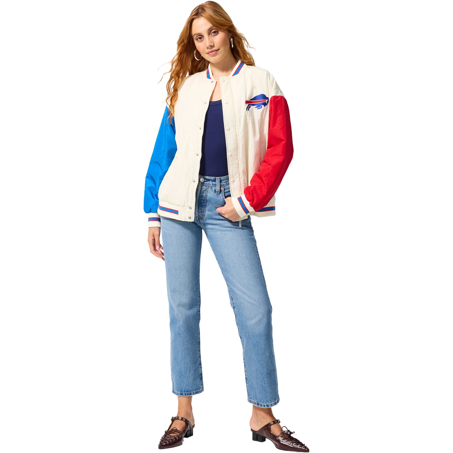 Ladies Buffalo Bills Terez Color Block Bomber Jacket In Cream - Front View 2
