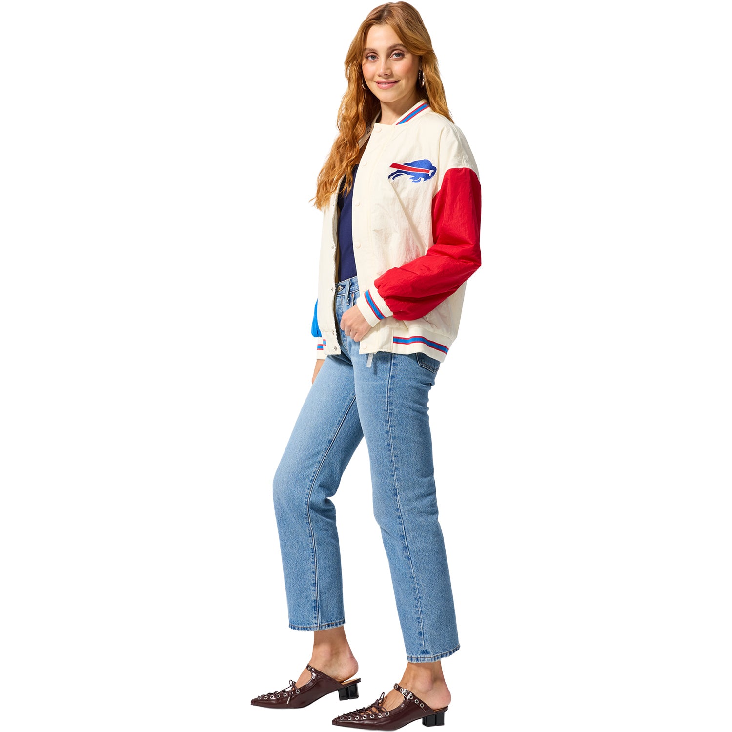 Ladies Buffalo Bills Terez Color Block Bomber Jacket In Cream - Side View