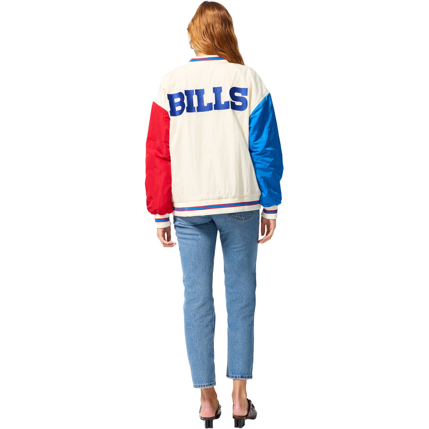 Ladies Buffalo Bills Terez Color Block Bomber Jacket In Cream - Back View