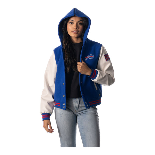 Wild Collective Ladies Buffalo Bills Snap Varsity Jacket In Blue - Front View On Model