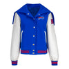 Wild Collective Ladies Buffalo Bills Snap Varsity Jacket In Blue & White - Front View