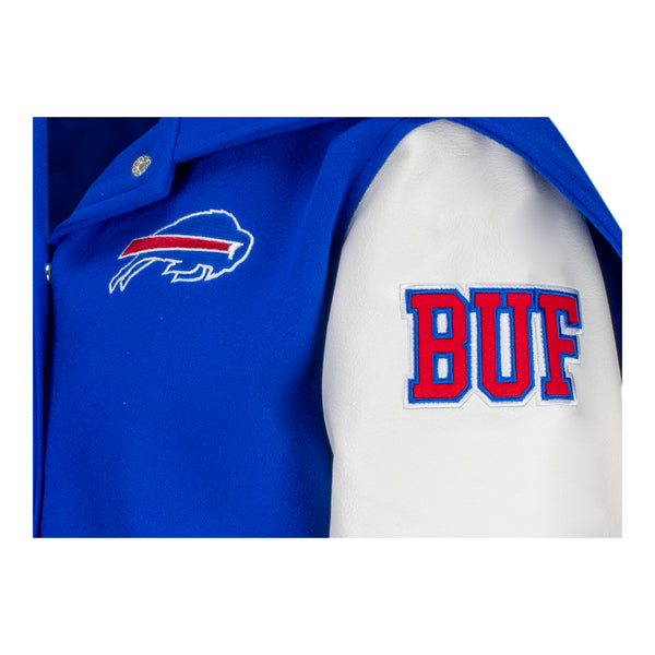 Wild Collective Ladies Buffalo Bills Snap Varsity Jacket In Blue & White - Zoom View On Left Shoulder Graphic