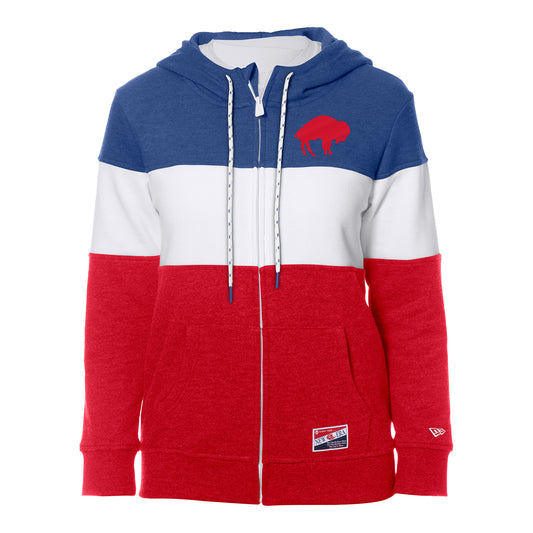 Ladies New Era Bills Color Block Full Zip Hoodie In Blue, Red & White - Front View