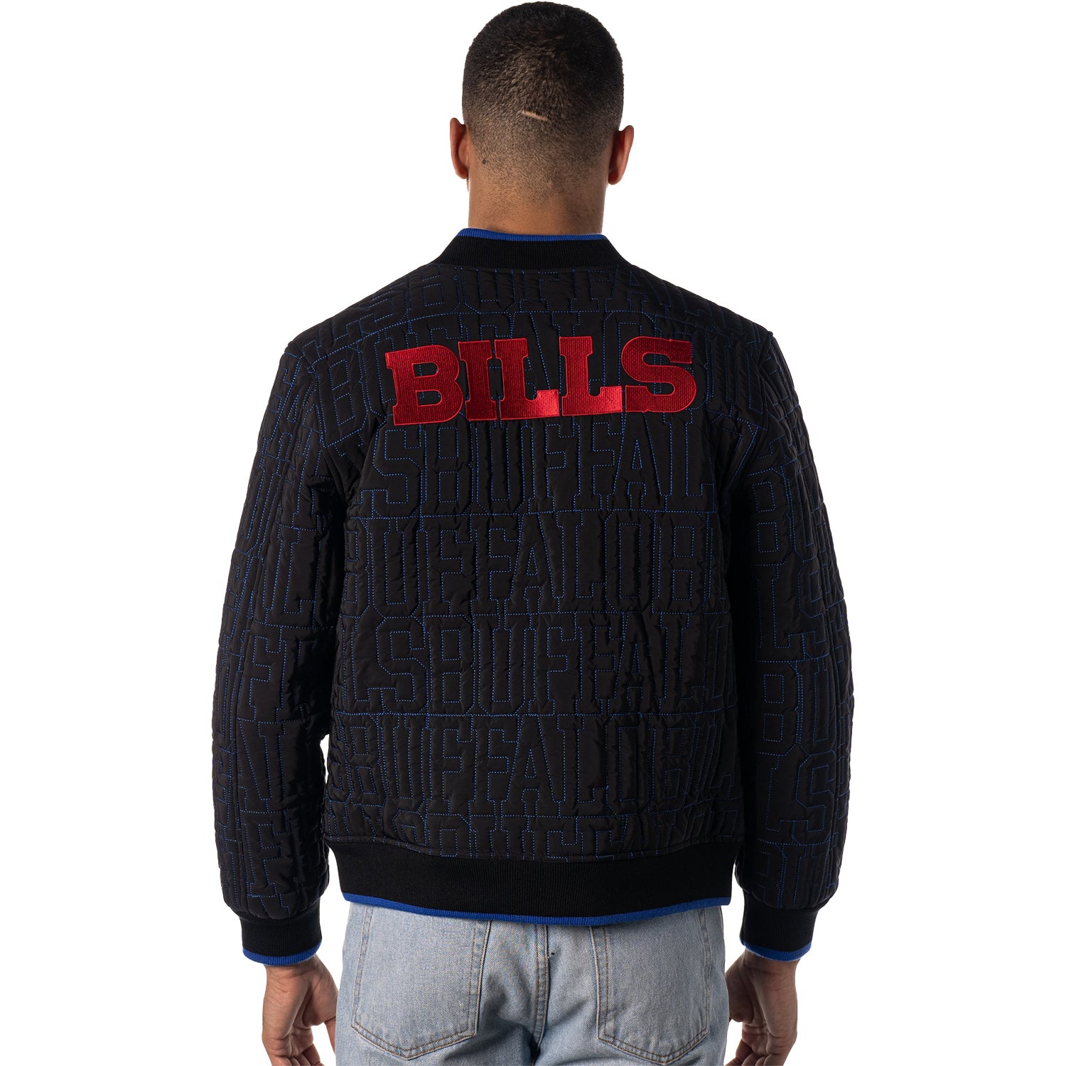 Wild Collective Unisex Bills Quilted Bomber Jacket In Black - Back View