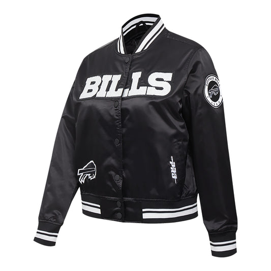 Women's Pro Standard Bills Satin Pearl Jacket In Black & White - Angled Front View