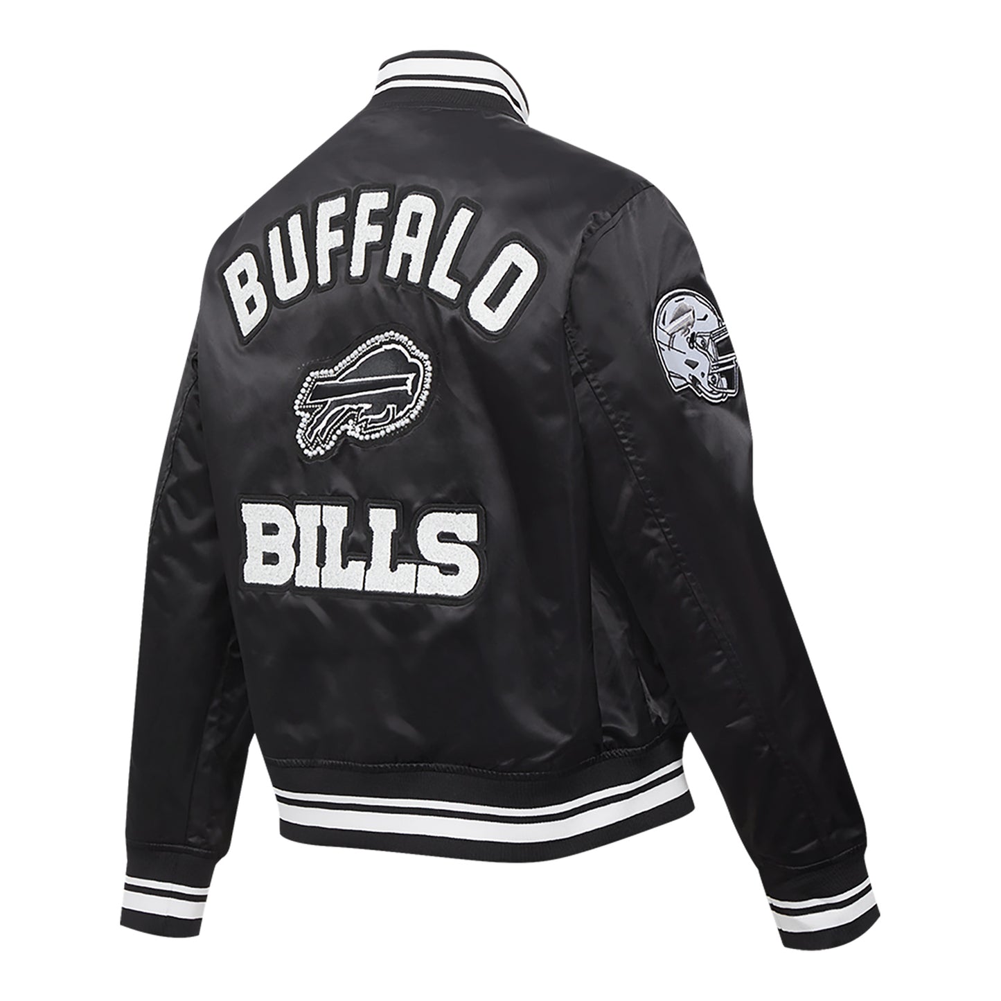 Women's Pro Standard Bills Satin Pearl Jacket In Black & White - Angled Back View