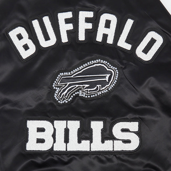 Women's Pro Standard Bills Satin Pearl Jacket In Black & White - Zoom View On Back Graphic