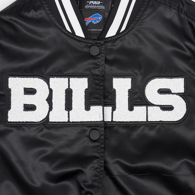 Women's Pro Standard Bills Satin Pearl Jacket In Black & White - Zoom View On Front Graphic