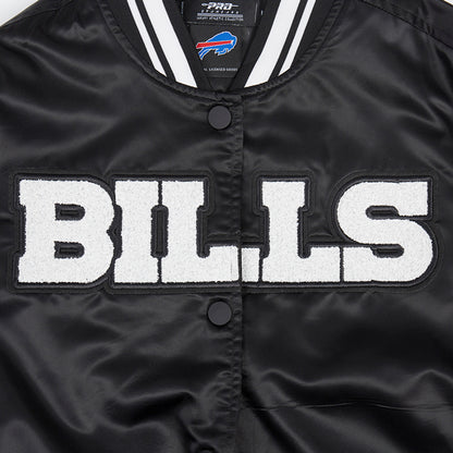 Women's Pro Standard Bills Satin Pearl Jacket In Black & White - Zoom View On Front Graphic