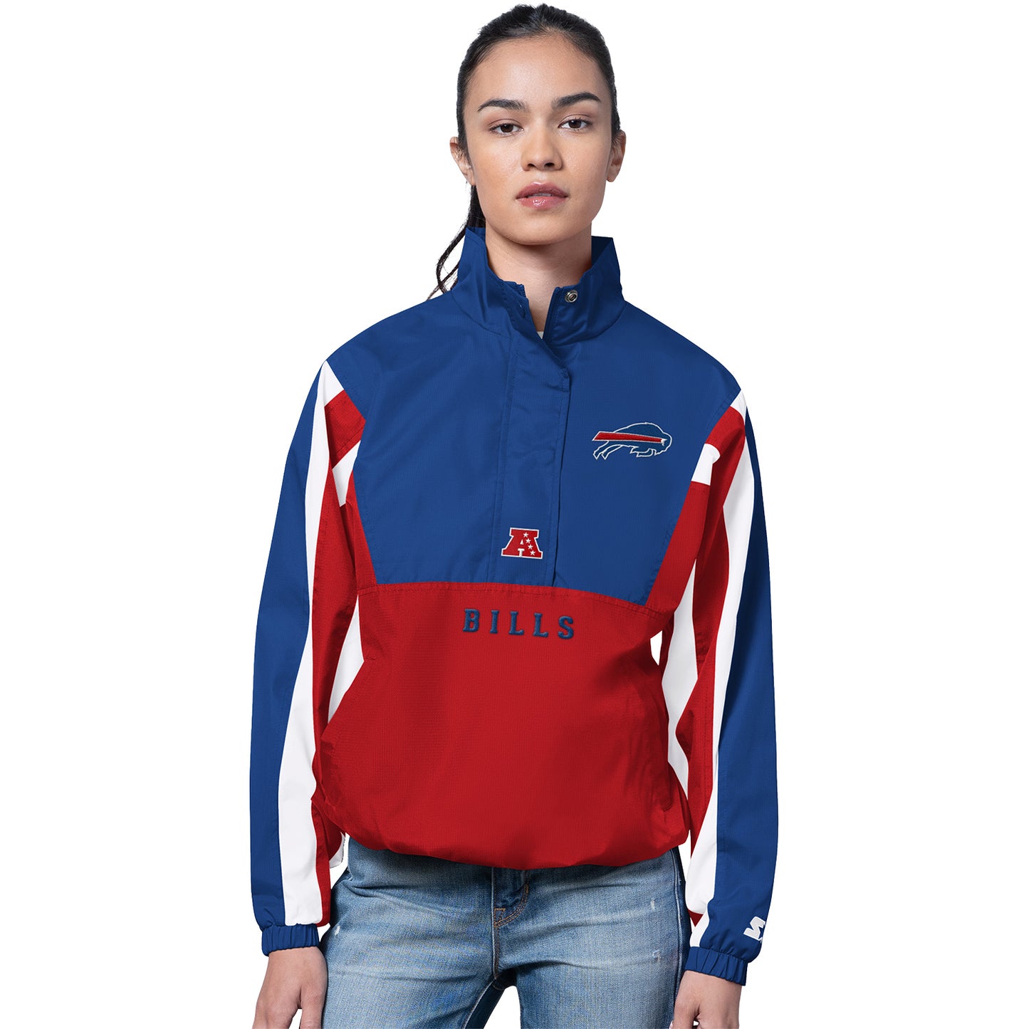 Ladies Buffalo Bills Starter 1/2 Zip Tie Game Stripe Jacket In Blue & Red - Front View