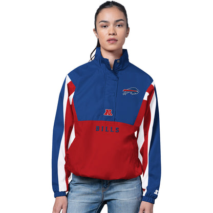 Ladies Buffalo Bills Starter 1/2 Zip Tie Game Stripe Jacket In Blue & Red - Front View