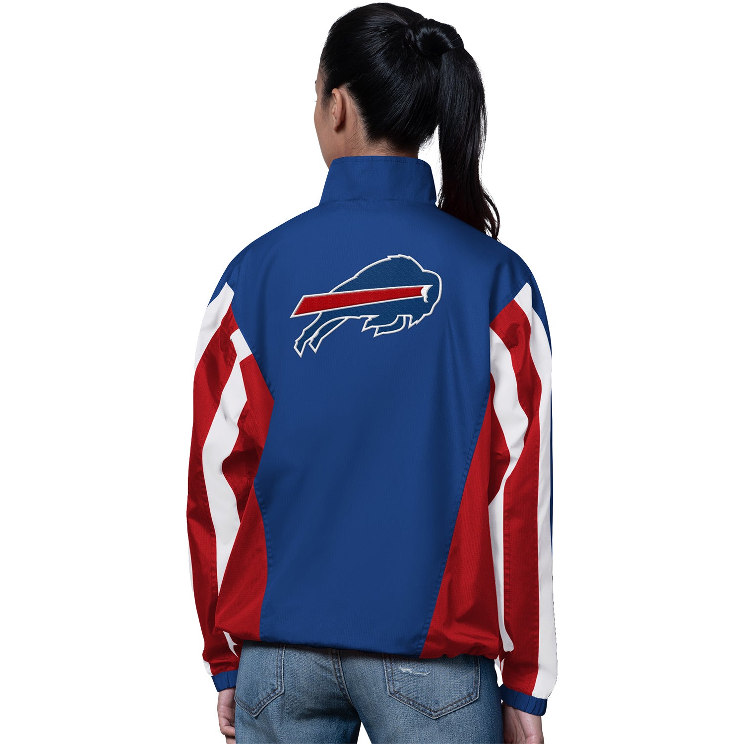 Ladies Buffalo Bills Starter 1/2 Zip Tie Game Stripe Jacket In Blue & Red - Back View