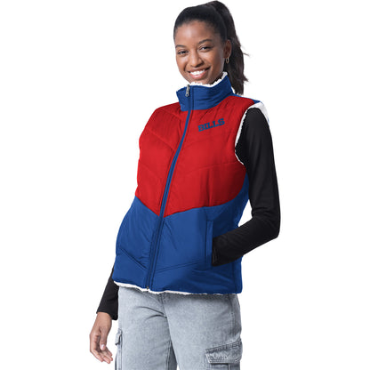 Ladies Buffalo Bills Revenge Reversible Sherpa Vest In Red & Blue - Front View