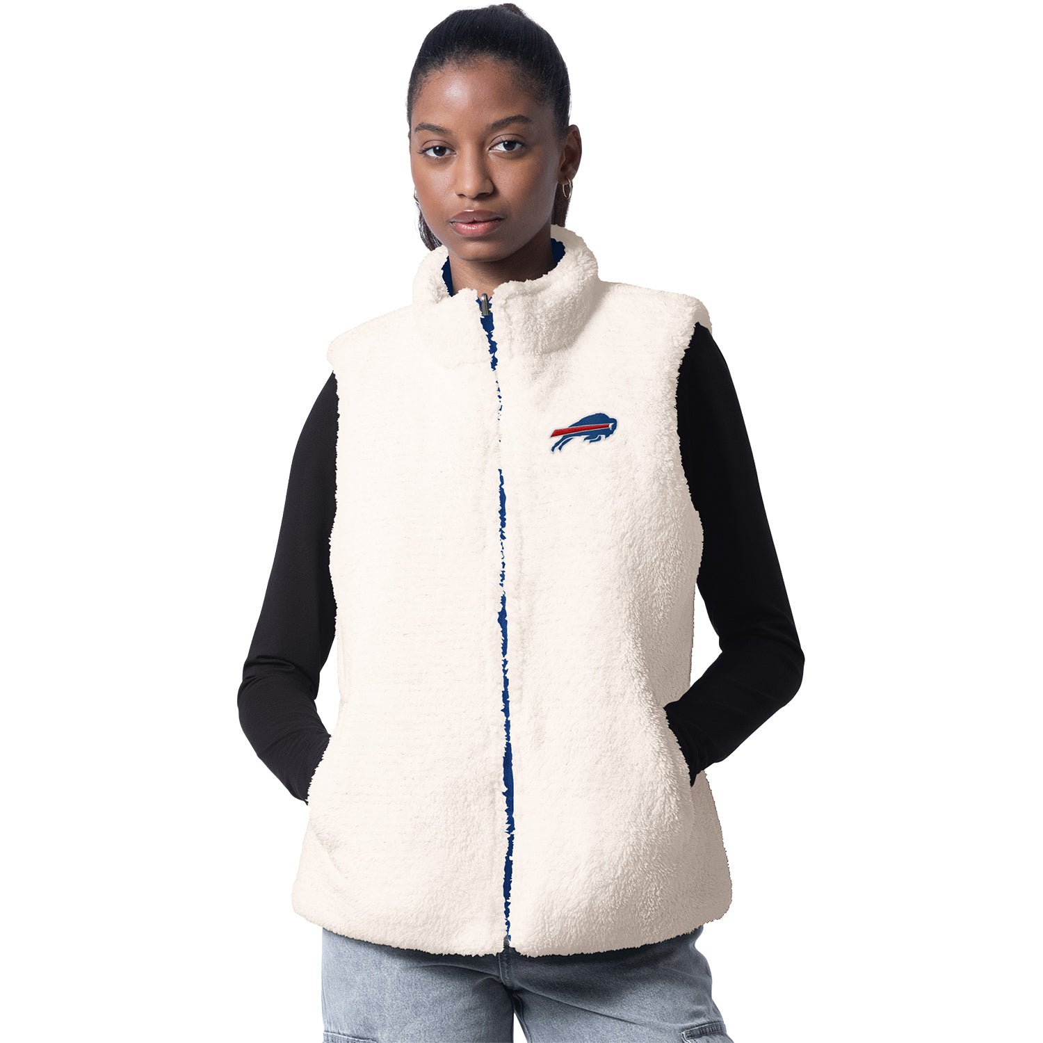 Ladies Buffalo Bills Revenge Reversible Sherpa Vest In White - Front View