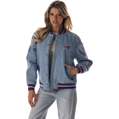 Ladies Buffalo Bills Denim Snap Jacket In Blue - Front View