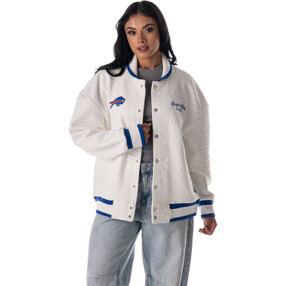 Buffalo Bills Unisex Knitted Bomber Jacket by Wild Collective In White Female Model - Back View