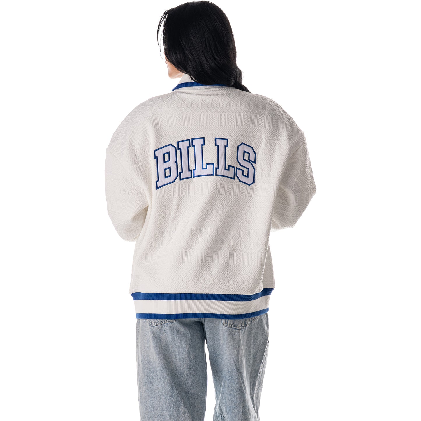 Buffalo Bills Unisex Knitted Bomber Jacket by Wild Collective In White Female Model - Front View