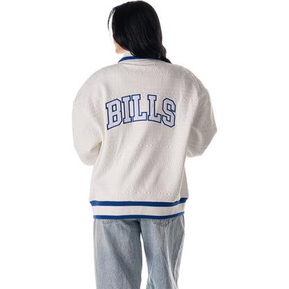 Buffalo Bills Unisex Knitted Bomber Jacket by Wild Collective In White Female Model - Front View
