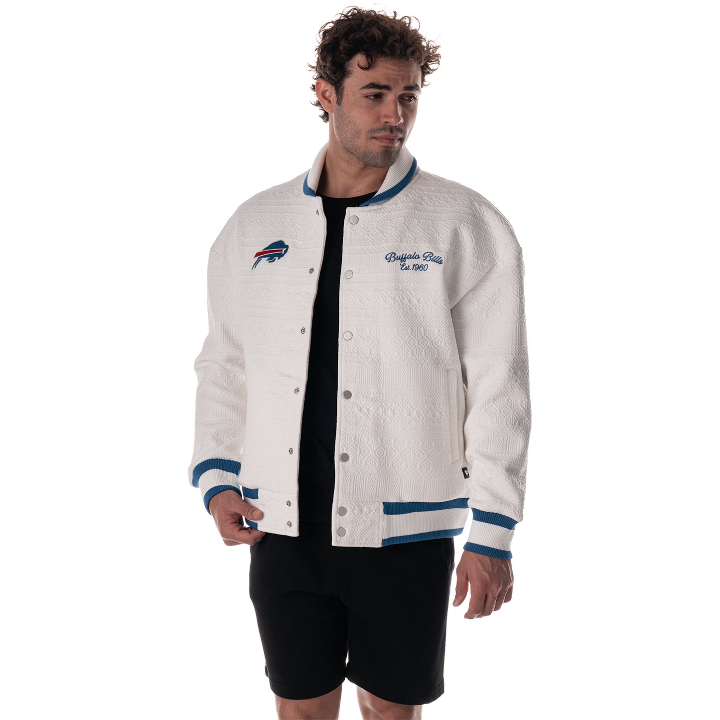 Buffalo Bills Unisex Knitted Bomber Jacket by Wild Collective In White Male Model - Front View