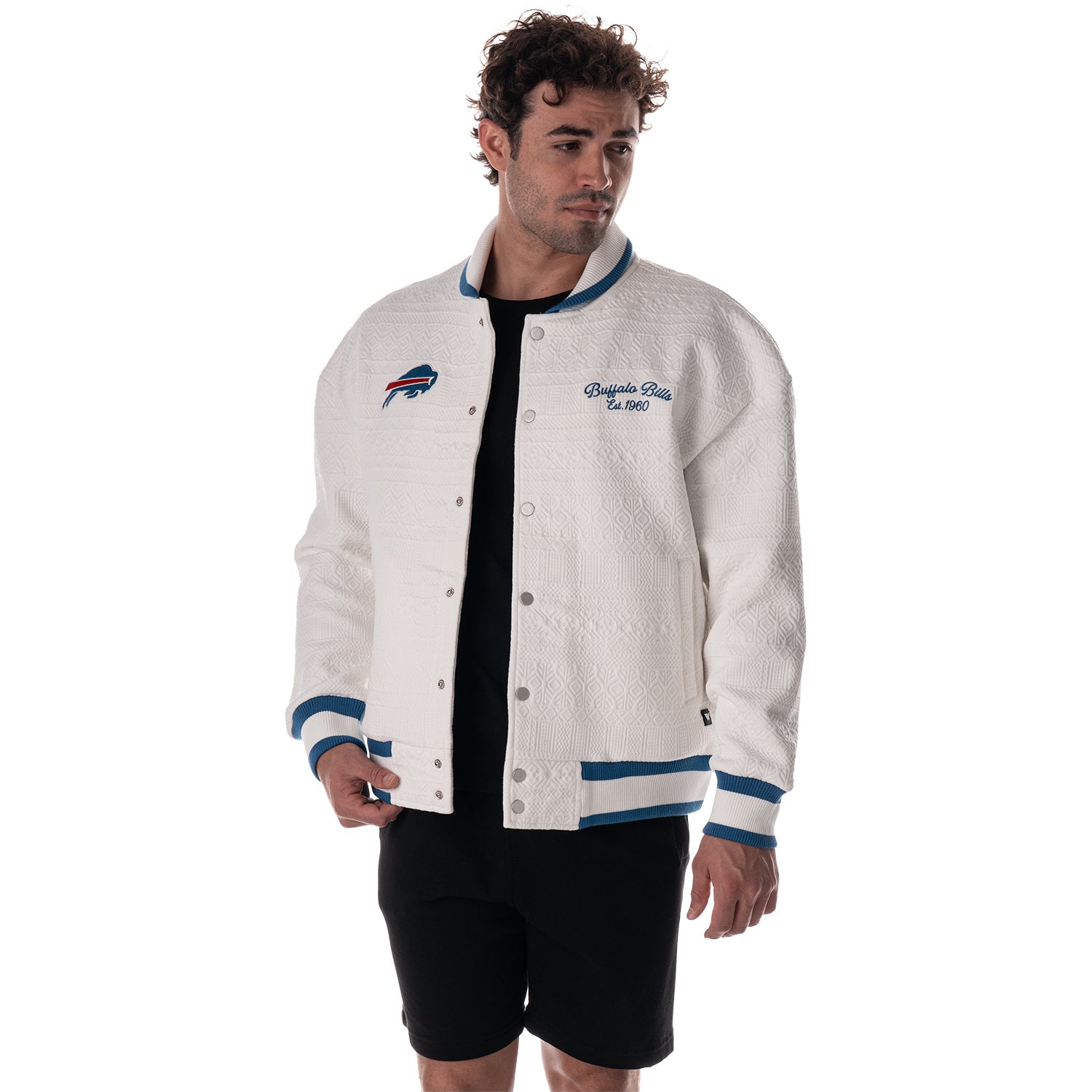 Buffalo Bills Unisex Knitted Bomber Jacket by Wild Collective In White Male Model - Front View