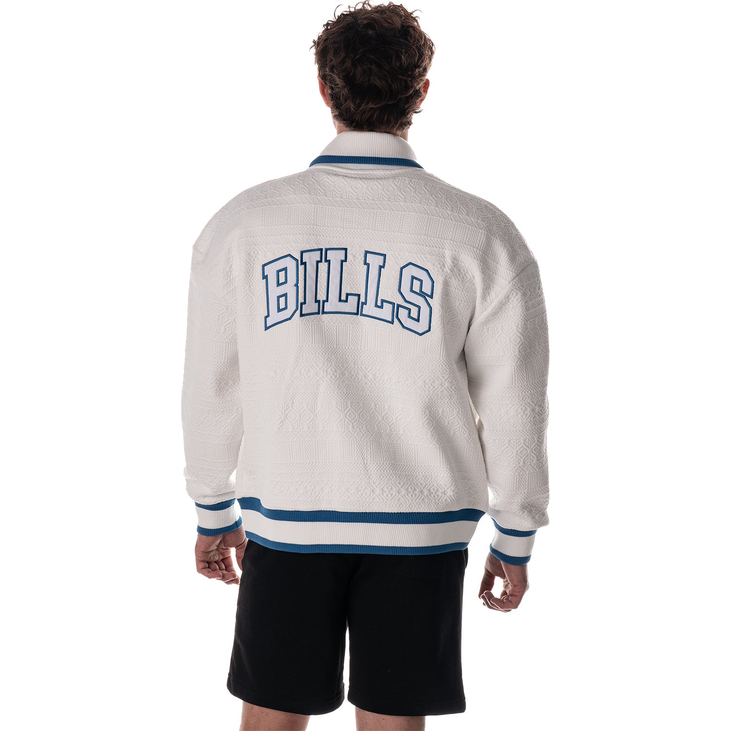 Buffalo Bills Unisex Knitted Bomber Jacket by Wild Collective In White Male Model - Back View